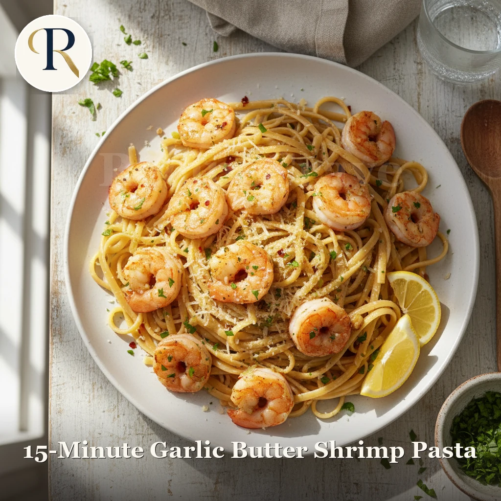Garlic butter shrimp pasta cooked in fifteen minutes