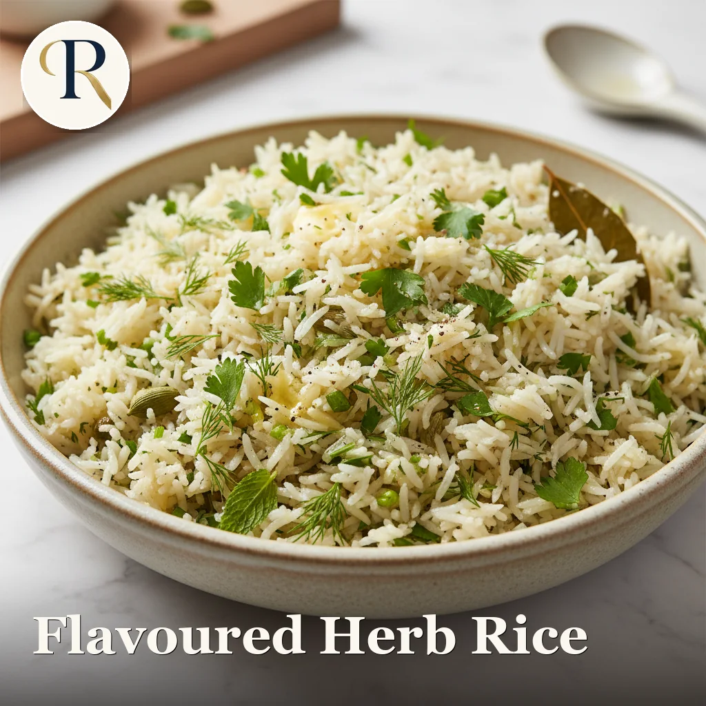 A bowl of fluffy rice flecked with chopped fresh green herbs