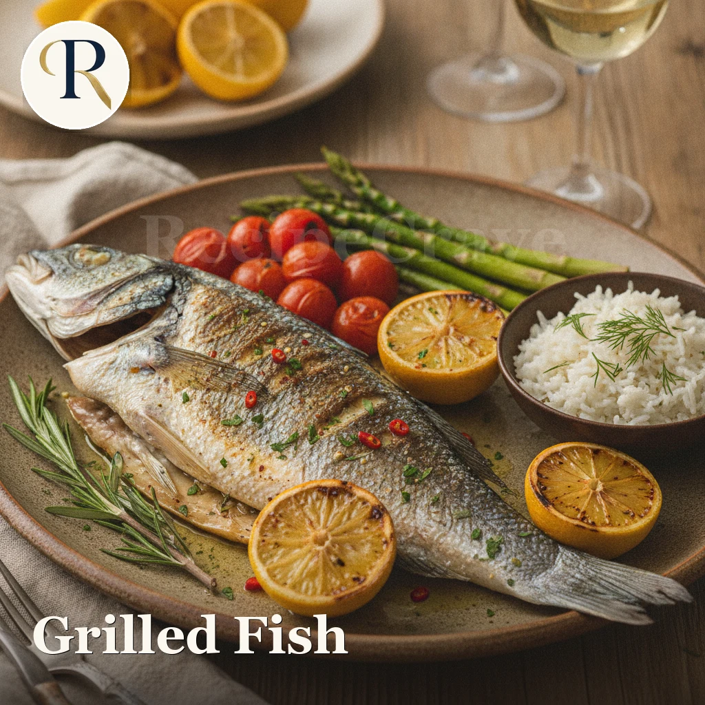 A grilled fish fillet with charred edges resting on a plate