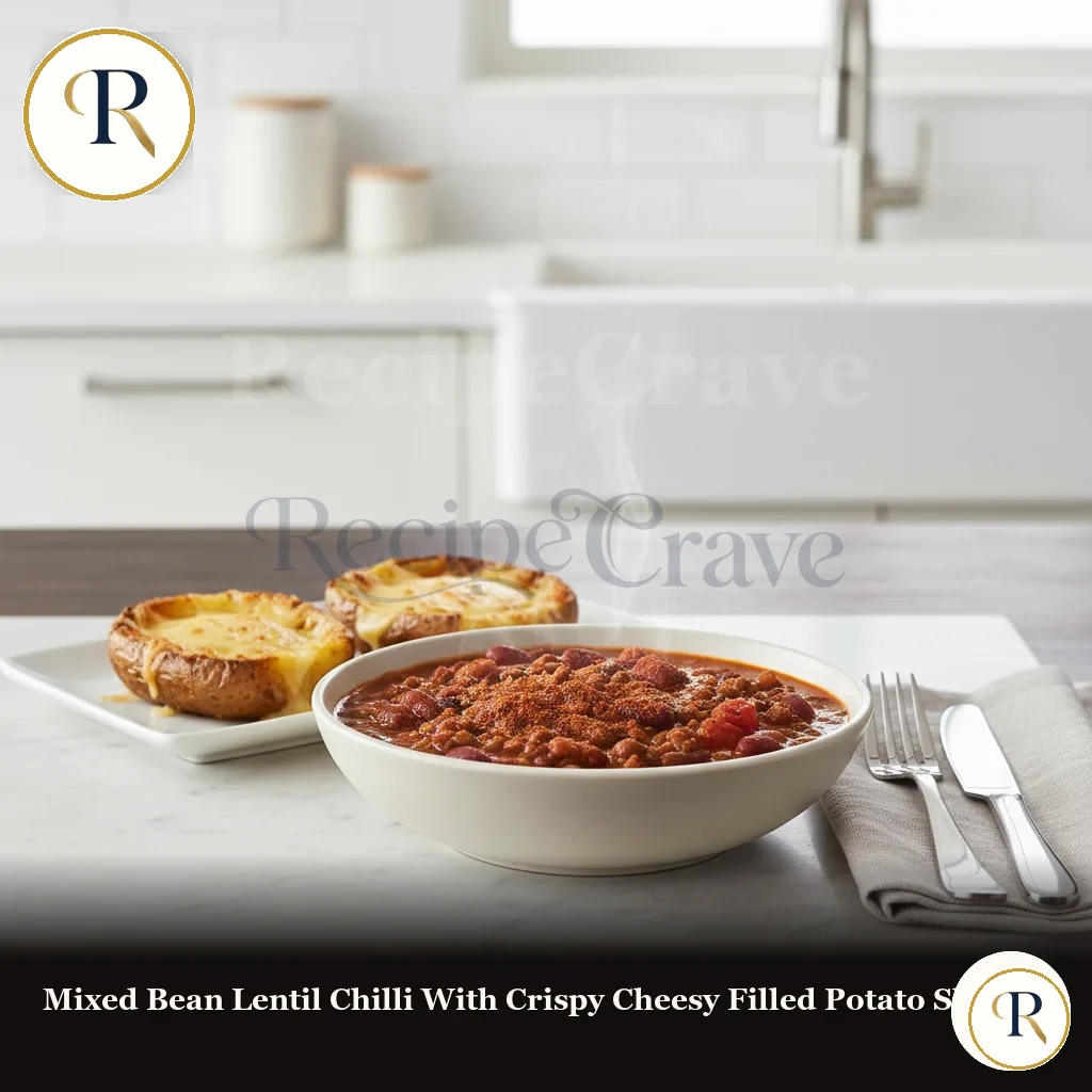 Mixed Bean & Lentil Chilli with Crispy Cheesy Filled Potato Skins