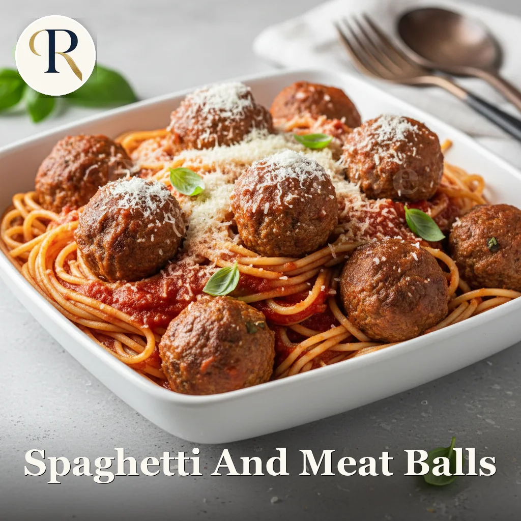 A plate of spaghetti and meatballs coated in a glossy tomato sauce